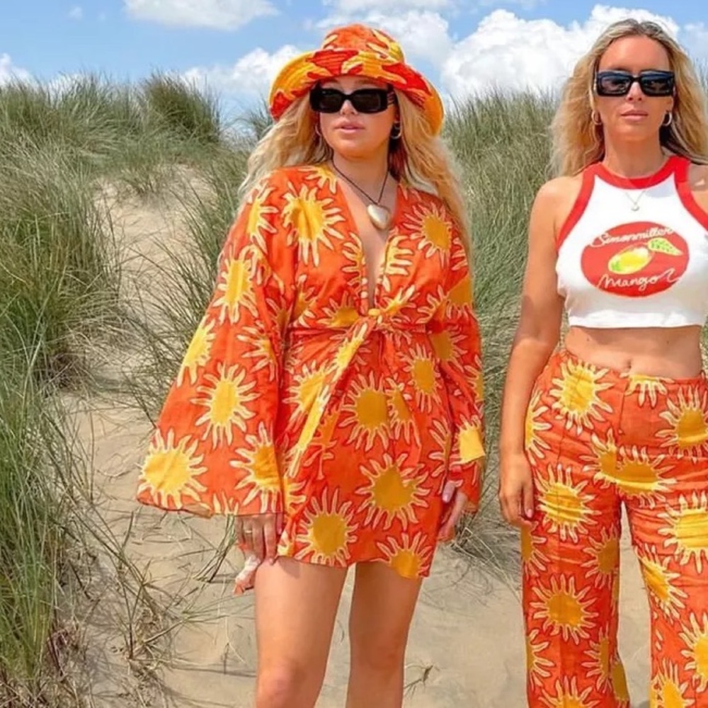 MANGO X SIMON MILLER Printed Dress Knot Detail orange yellow sun print MNG 2 XS